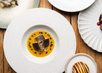 Lightly cured & torched mackerel, fennel salad, spiced fish soup, red pepper rouille, garum, roasted fennel, char-siu bun