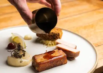 Orchard farm pork loin, crispy cheek croquette, turnips, crab apple, pork belly, Aspalls cider, mustard frills