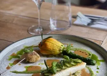 Halibut, courgettes, lobster stuffed courgette flower, tempura lobster tail, lobster bisque