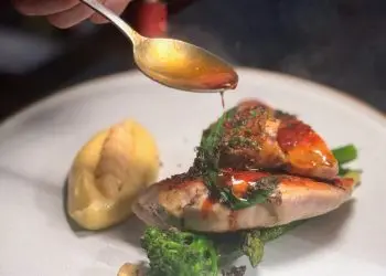 Roasted guinea fowl, wye valley asparagus, purple broccoli, ratte potato puree, truffle, reblochon