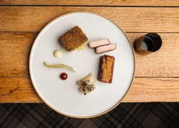 Orchard farm pork loin, crispy cheek croquette, turnips, crab apple, pork belly, Aspalls cider, mustard frills
