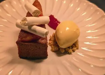 Blood orange drizzle cake, crispy meringue, blood orange marmalade and clotted cream ice cream