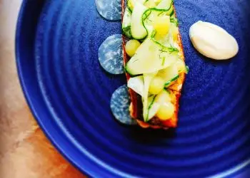 Pan Fried Fillet of Mackerel with Pickled Kohlrabi, Greek Yoghurt, Cucumber Salad, Cucumber Ketchup & Dill