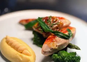 Roasted guinea fowl, wye valley asparagus, purple broccoli, ratte potato puree, truffle, reblochon