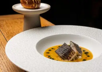 Lightly cured & torched mackerel, fennel salad, spiced fish soup, red pepper rouille, garum, roasted fennel, char-siu bun